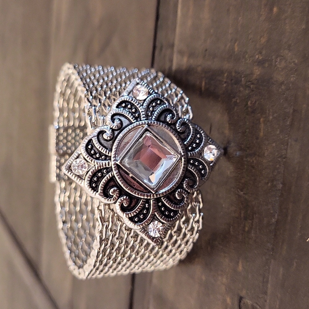 Gorgeous Silver Mesh Magnetic Wide Band Rhinestone Bracelet
